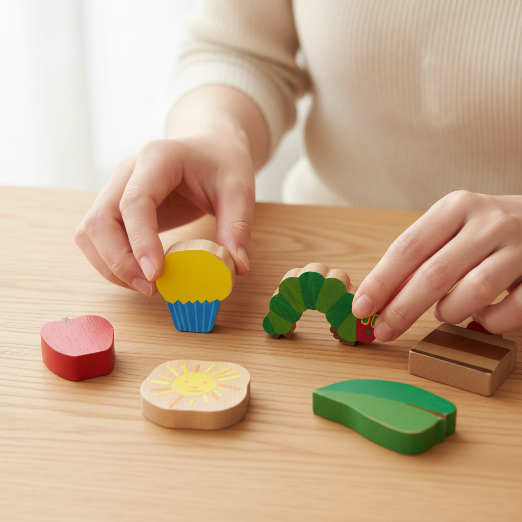 大人の女性がはらぺこあおむしで遊ぶ手元