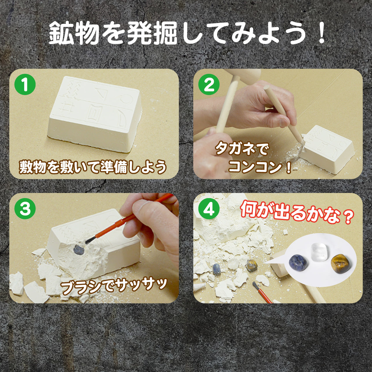 宝石発掘体験【触れる図鑑】/本物の鉱物が入った発掘キット!