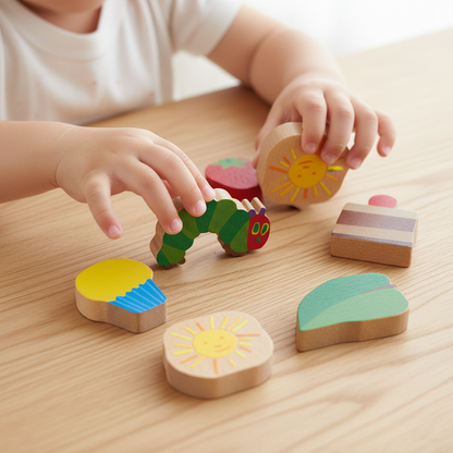 はらぺこあおむしで遊ぶ子どもの手